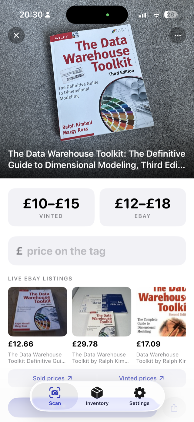 TatCheck scan result: a book identified with price ranges and live eBay comparison listings